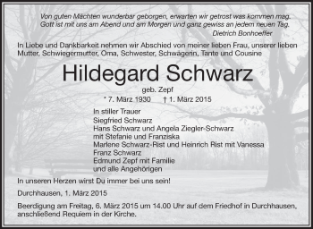Anzeige von Hildegard Schwarz von Schwäbische Zeitung