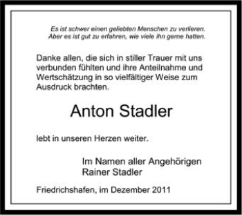 Anzeige von Anton Stadler von Schwäbische Zeitung
