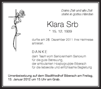 Anzeige von Klara Srb von Schwäbische Zeitung