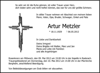 Anzeige von Artur Metzler von Schwäbische Zeitung