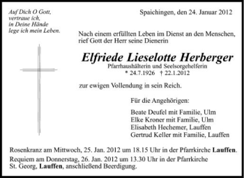 Anzeige von Elfriede Lieselotte Herberger von Schwäbische Zeitung