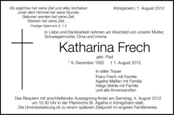 Anzeige von Katharina Frech von Schwäbische Zeitung