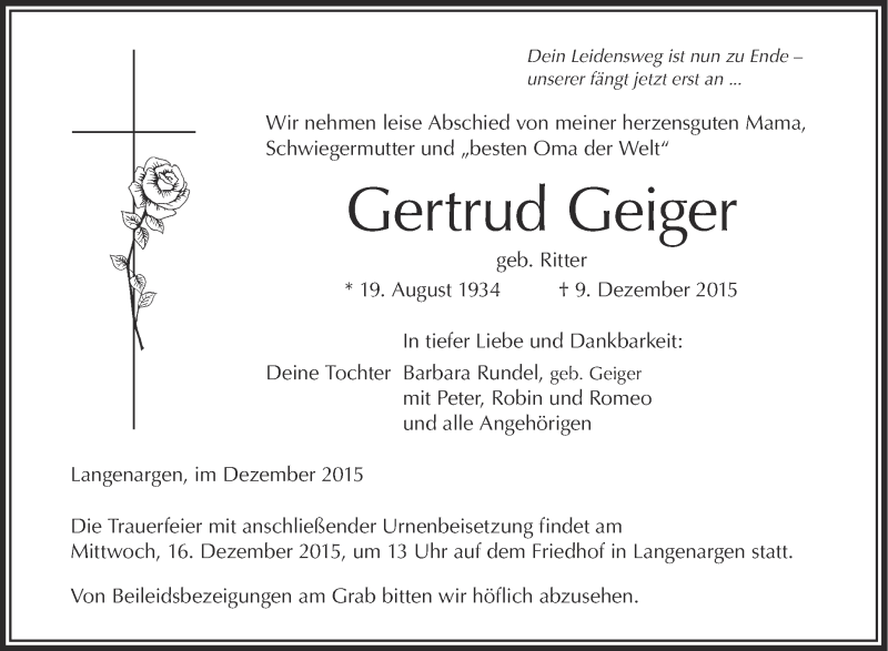  Traueranzeige für Gertrud Geiger vom 12.12.2015 aus Schwäbische Zeitung