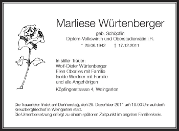 Anzeige von Marliese Würtenberger von Schwäbische Zeitung
