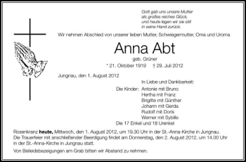 Anzeige von Anna Abt von Schwäbische Zeitung