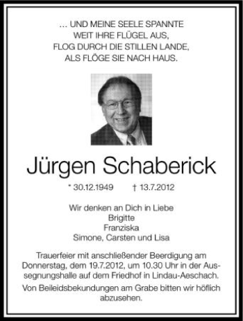 Anzeige von Jürgen Schaberick von Schwäbische Zeitung