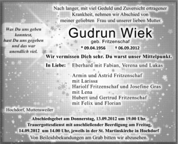 Anzeige von Gudrun Wiek von Schwäbische Zeitung