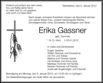 Anzeige von Erika Gassner von Schwäbische Zeitung