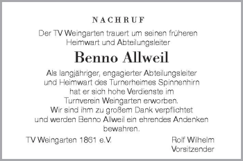 Anzeige von Benno Allweil von Schwäbische Zeitung