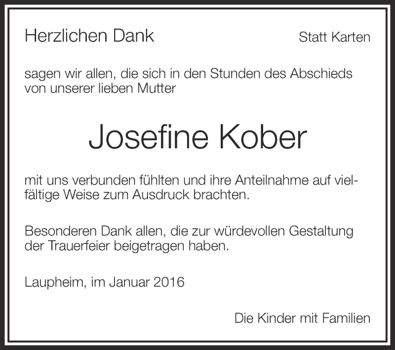  Traueranzeige für Josefine Kober vom 13.01.2016 aus Schwäbische Zeitung