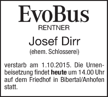 Anzeige von Josef Dirr von Schwäbische Zeitung