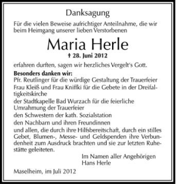 Anzeige von Maria Herle von Schwäbische Zeitung