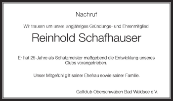 Anzeige von Reinhold Schafhauser von Schwäbische Zeitung