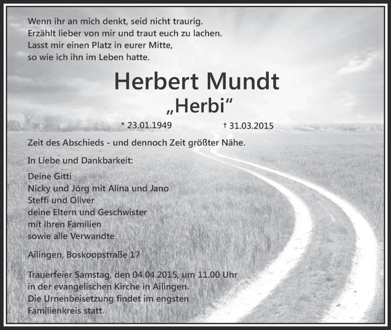  Traueranzeige für Herbert Mundt vom 02.04.2015 aus Schwäbische Zeitung