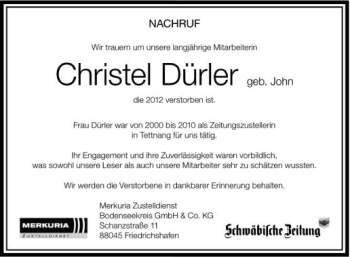 Anzeige von Christel Dürler von Schwäbische Zeitung