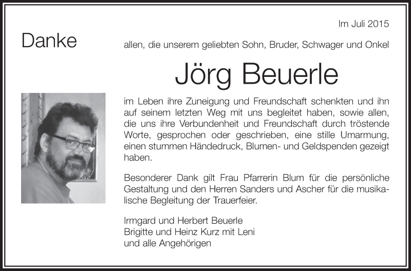  Traueranzeige für Jörg Beuerle vom 23.07.2015 aus Schwäbische Zeitung