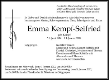 Anzeige von Emma Kempf-Seifried von Schwäbische Zeitung