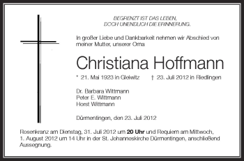 Anzeige von Christina Hoffmann von Schwäbische Zeitung