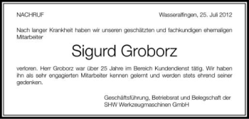 Anzeige von Sigurd Groborz von Schwäbische Zeitung