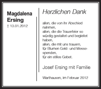 Anzeige von Magdalena Ersing von Schwäbische Zeitung