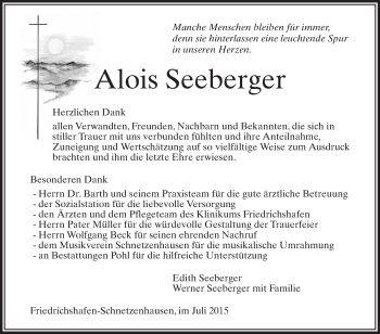 Anzeige von Alois Seeberger von Schwäbische Zeitung