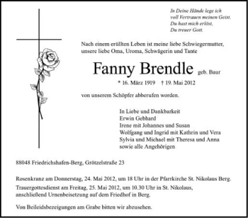 Anzeige von Fanny Brendle von Schwäbische Zeitung