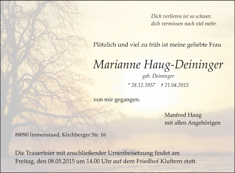 Traueranzeigen Von Marianne Haug Deininger Schwaebische De Trauerportal