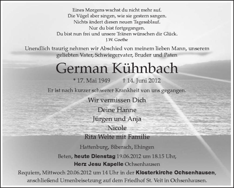  Traueranzeige für German Kühnbach vom 19.06.2012 aus Schwäbische Zeitung