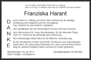 Anzeige von Franziska Harant von Schwäbische Zeitung