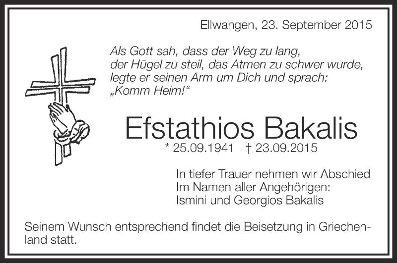  Traueranzeige für Efstathios Bakalis vom 25.09.2015 aus Schwäbische Zeitung