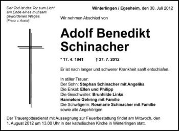 Anzeige von Adolf Benedikt Schinacher von Schwäbische Zeitung