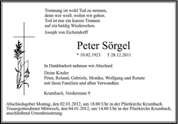 Anzeige von Peter Sörgel von Schwäbische Zeitung