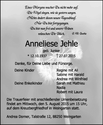 Anzeige von Anneliese Jehle von Schwäbische Zeitung