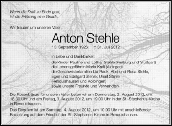 Anzeige von Anton Stehle von Schwäbische Zeitung