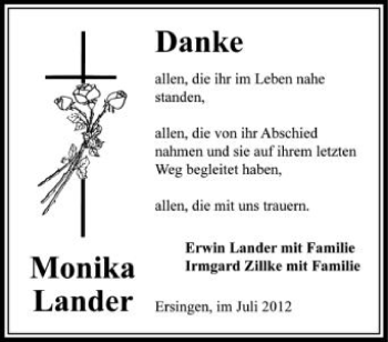 Anzeige von Monika Lander von Schwäbische Zeitung