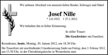 Anzeige von Josef Nille von Schwäbische Zeitung