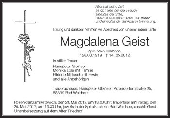 Anzeige von Magdalena Geist von Schwäbische Zeitung