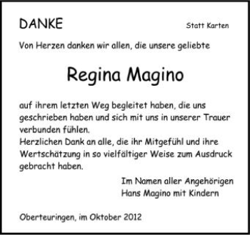 Anzeige von Regina Magino von Schwäbische Zeitung