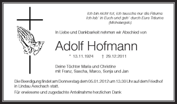 Anzeige von Adolf Hofmann von Schwäbische Zeitung