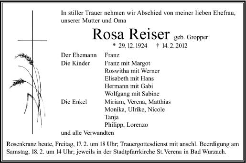 Traueranzeigen von Rosa Reiser | schwaebische.de Trauerportal
