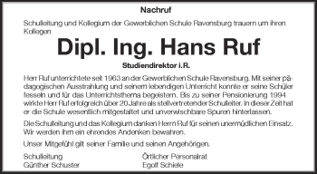 Anzeige von Hans Ruf von Schwäbische Zeitung