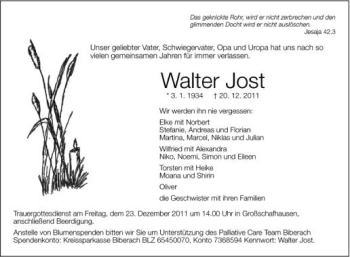 Anzeige von Walter Jost von Schwäbische Zeitung