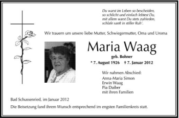 Anzeige von Maria Waag von Schwäbische Zeitung