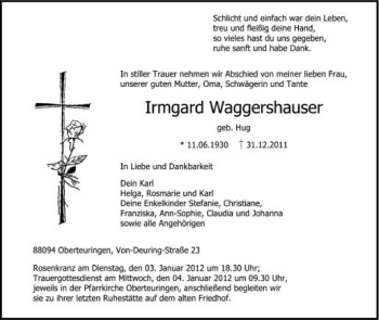 Anzeige von Irmgard Waggershauser von Schwäbische Zeitung