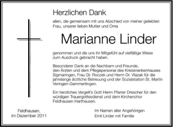 Anzeige von Marianne Lindner von Schwäbische Zeitung