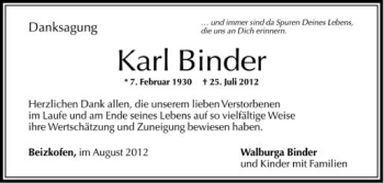 Anzeige von Karl Binder von Schwäbische Zeitung