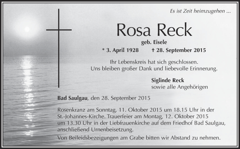  Traueranzeige für Rosa Reck vom 08.10.2015 aus Schwäbische Zeitung