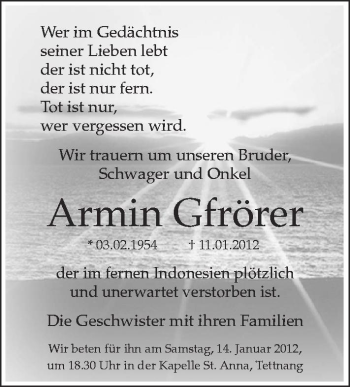 Anzeige von Armin Gförer von Schwäbische Zeitung