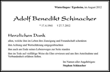 Anzeige von Adolf Benedikt Schinacher von Schwäbische Zeitung