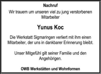 Anzeige von Yunus Koc von Schwäbische Zeitung